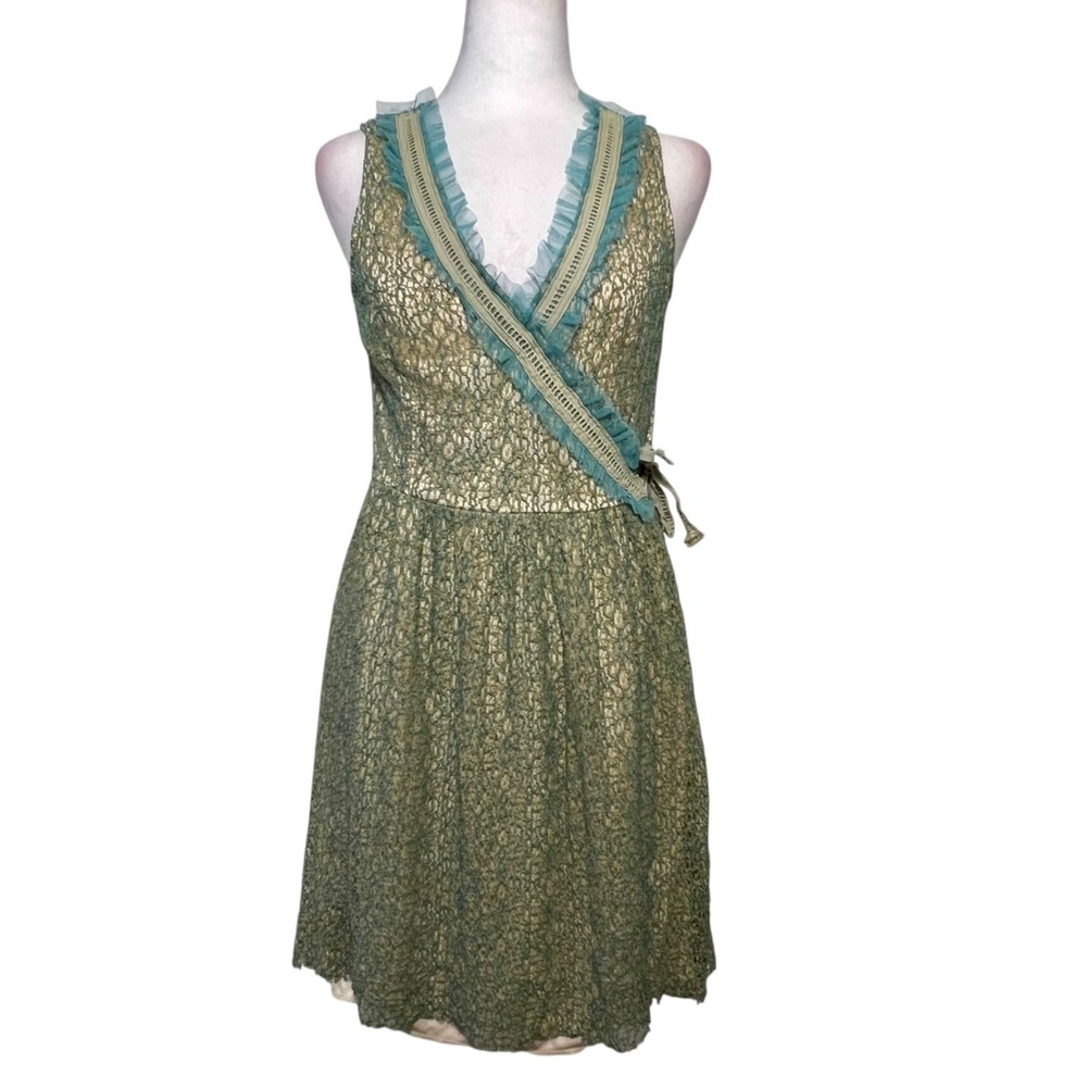 ☘️5/$25 Goth Victorian Lace Dress Green Gold Ruffle Coquette Medium